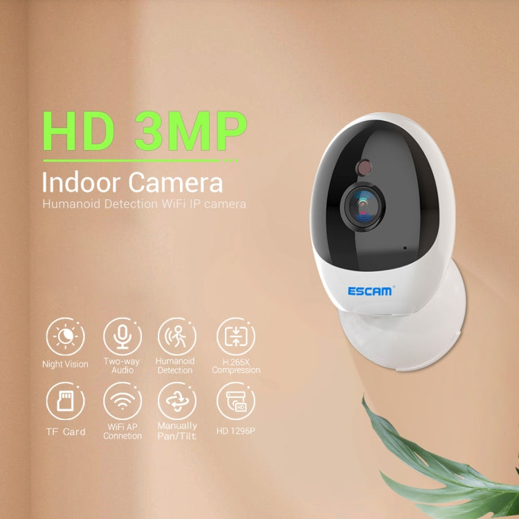 ESCAM QF006 3MP 1296P HD Indoor Wireless PTZ IP Camera IR Night Vision AI Humanoid Detection Home Security CCTV Monitor, Plug Type:UK Plug(White) - free shipping - PMC TechLife - Order now!