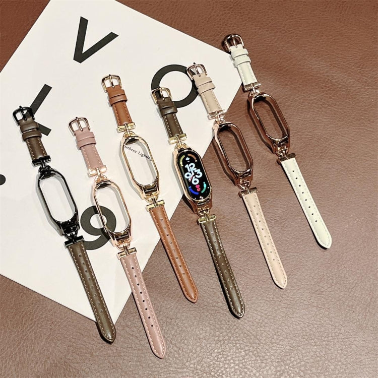 For Xiaomi Mi Band 3 / 4 D-shaped Steel + Genuine Leather Watch Band(Gold Drak Brown) - free shipping - PMC TechLife - Order now!