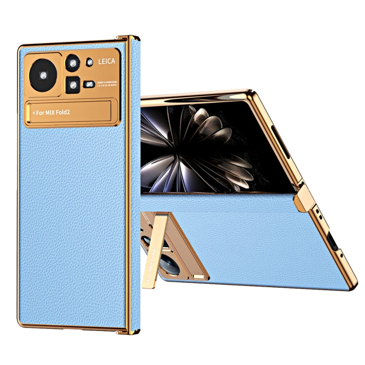 For Xiaomi Mix Fold 2 Electroplated Frame Plain Leather Phone Case(Blue) - Xiaomi Cases by PMC TechLife | Online Shopping South Africa | PMC TechLife