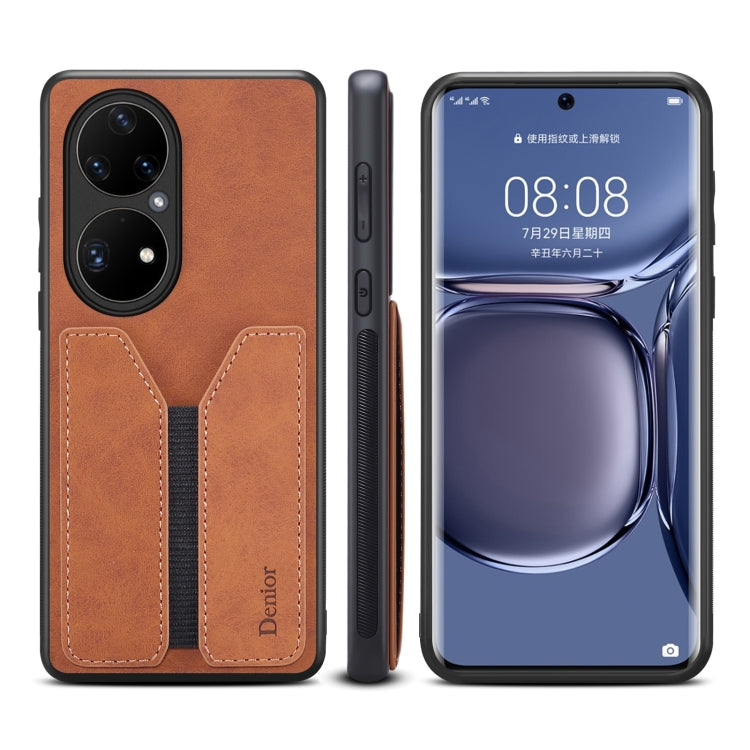 For Huawei P50 Pro Denior DV Elastic Card PU Back Cover Phone Case(Brown) - Huawei Cases by Denior | Online Shopping South Africa | PMC TechLife | Buy Now Pay Later Mobicred