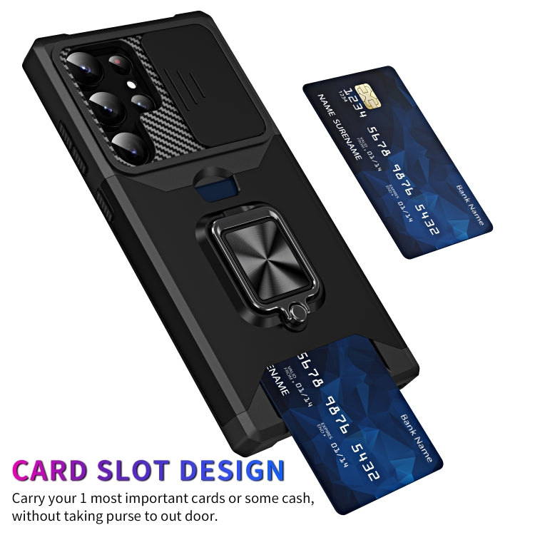 For Samsung Galaxy S23 Ultra 5G Sliding Camshield Phone Case with Ring Holder & Card Slot(Black) - free shipping - PMC TechLife - Order now!