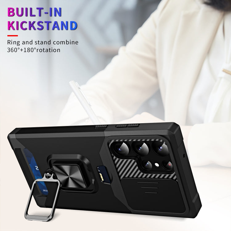 For Samsung Galaxy S23 Ultra 5G Sliding Camshield Phone Case with Ring Holder & Card Slot(Black) - free shipping - PMC TechLife - Order now!