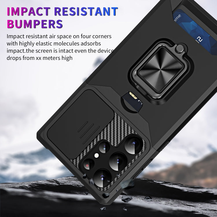 For Samsung Galaxy S23 Ultra 5G Sliding Camshield Phone Case with Ring Holder & Card Slot(Black) - free shipping - PMC TechLife - Order now!