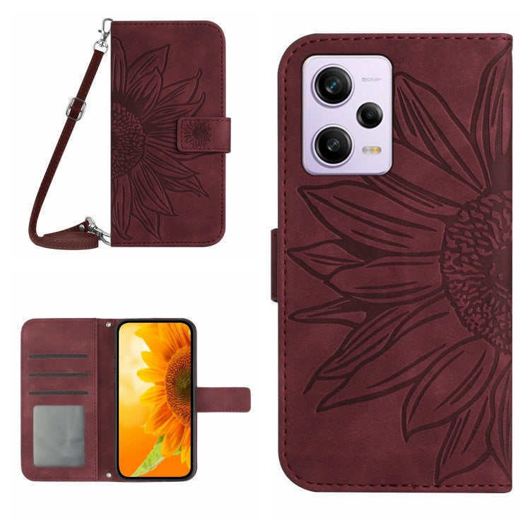 For Xiaomi Redmi Note 12 Pro 5G China Skin Feel Sun Flower Pattern Flip Leather Phone Case with Lanyard(Wine Red) - free shipping - PMC TechLife - Order now!