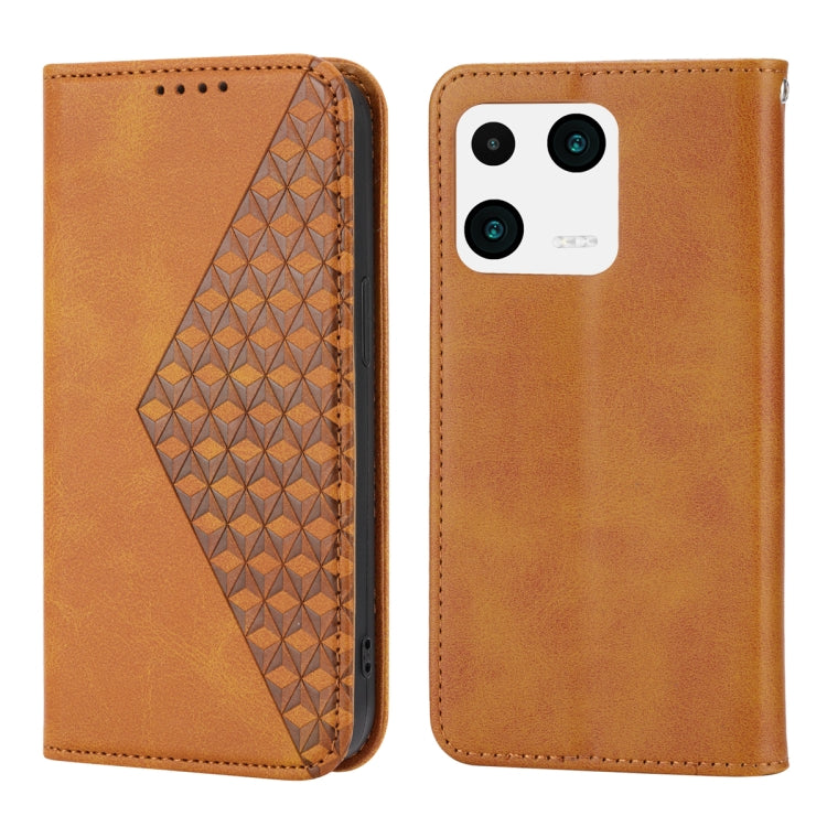 For Xiaomi 13 Cubic Grid Calf Texture Magnetic Leather Phone Case(Yellow) - free shipping - PMC TechLife - Order now!