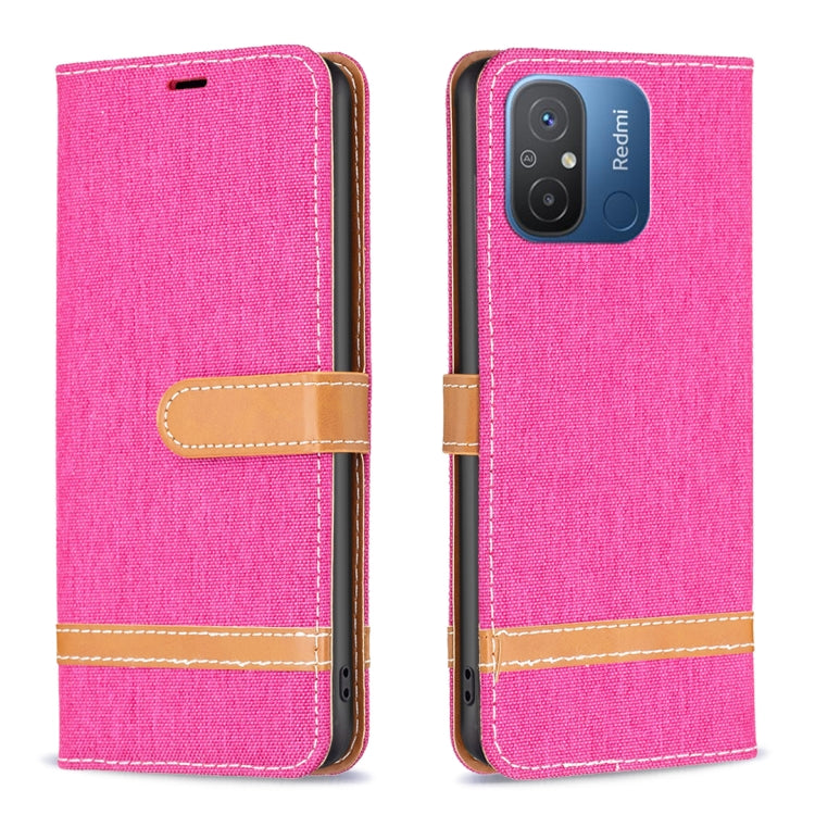 For Xiaomi Redmi 12C Color Block Denim Texture Leather Phone Case(Rose Red) - free shipping - PMC TechLife - Order now!
