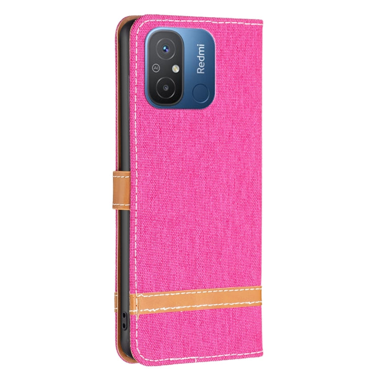 For Xiaomi Redmi 12C Color Block Denim Texture Leather Phone Case(Rose Red) - free shipping - PMC TechLife - Order now!