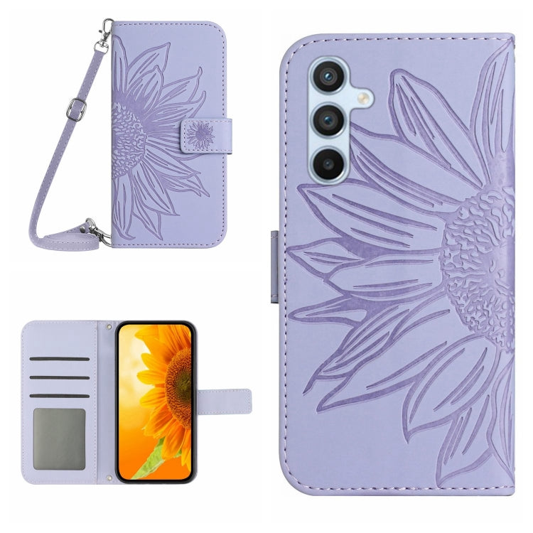 For Samsung Galaxy A24 4G HT04 Skin Feel Sun Flower Embossed Flip Leather Phone Case with Lanyard(Purple) - free shipping - PMC TechLife - Order now!