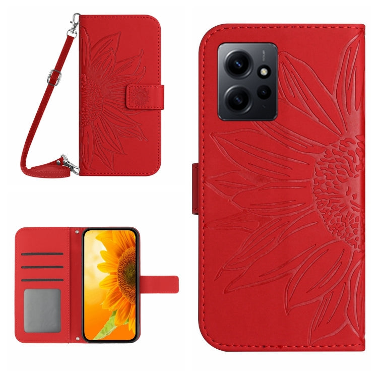 For Xiaomi Redmi Note 12 4G Global Skin Feel Sun Flower Embossed Flip Leather Phone Case with Lanyard(Red) - free shipping - PMC TechLife - Order now!