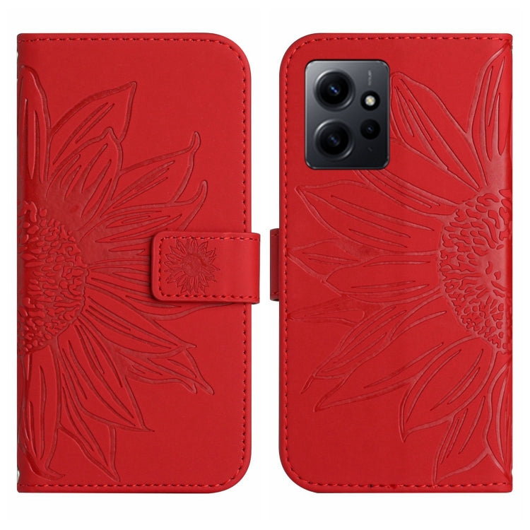 For Xiaomi Redmi Note 12 4G Global Skin Feel Sun Flower Embossed Flip Leather Phone Case with Lanyard(Red) - free shipping - PMC TechLife - Order now!