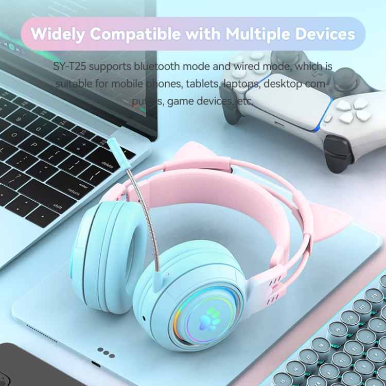 T25 RGB Stereo Cat Ear Bluetooth Wireless Headphones with Detachable Microphone(Pink+Blue) - Headset & Headphone by PMC TechLife | Online Shopping South Africa | PMC TechLife