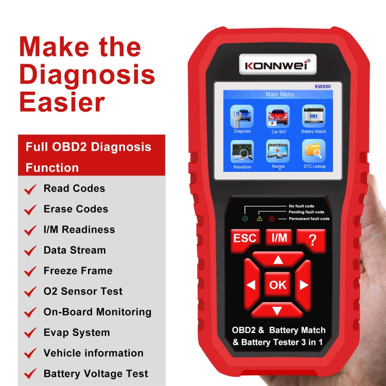 KONNWEI KW880 3 in 1 Car OBD2 Fault Diagnosis + Battery Tester + Battery Match Reset - free shipping - PMC TechLife - Order now!