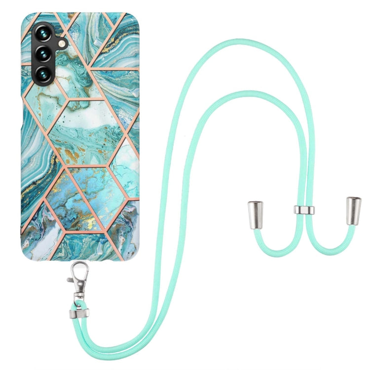 For Samsung Galaxy A34 5G Electroplating IMD Splicing Dual-side Marble TPU Phone Case with Lanyard(Blue) - Galaxy Phone Cases by PMC TechLife | Online Shopping South Africa | PMC TechLife | Buy Now Pay Later Mobicred