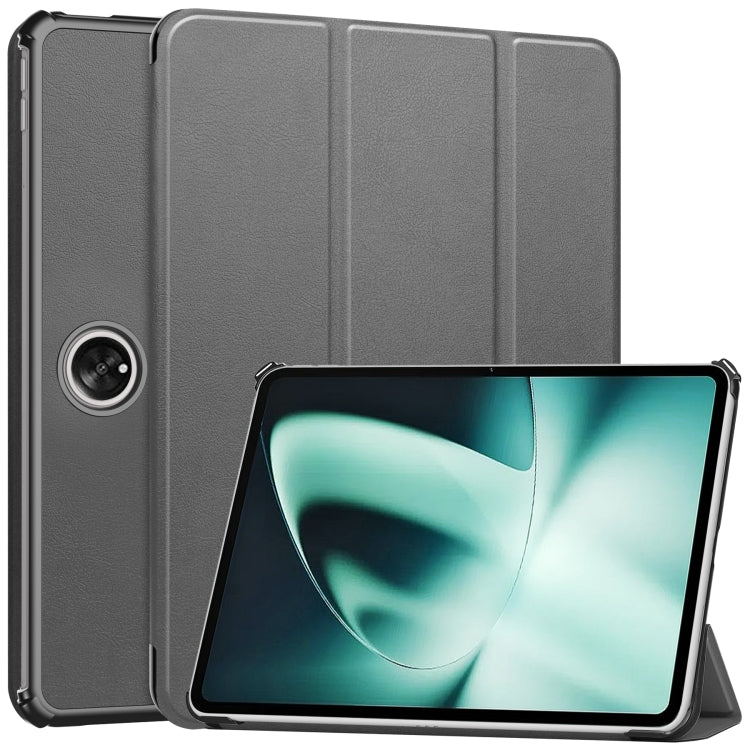 For OnePlus Pad Custer Pure Color 3-Fold Holder Smart Leather Tablet Case(Grey) - Others by PMC TechLife | Online Shopping South Africa | PMC TechLife