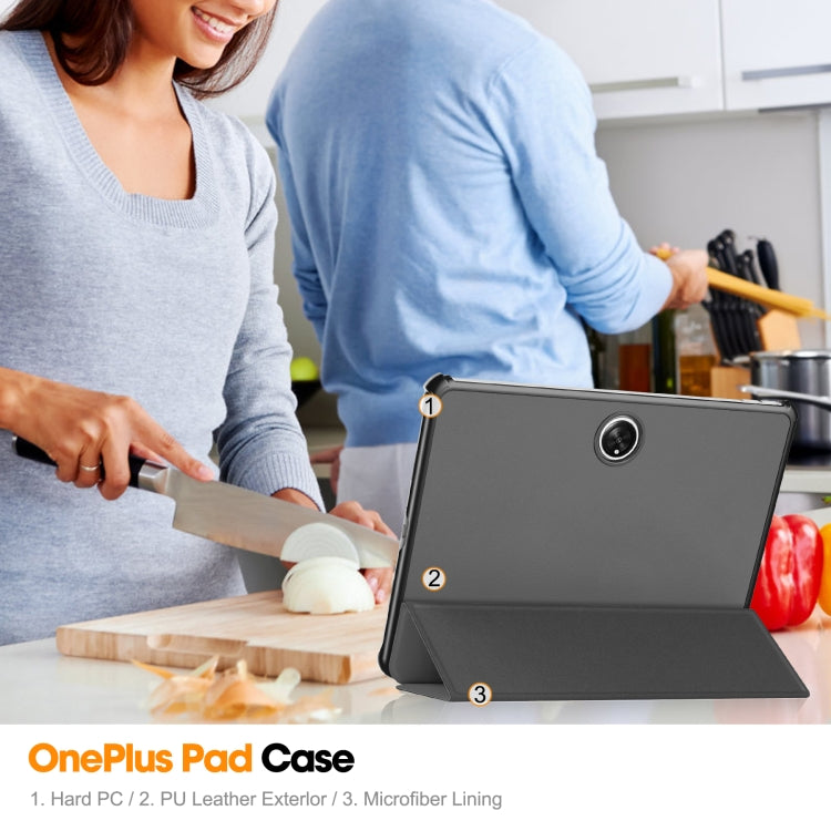 For OnePlus Pad Custer Pure Color 3-Fold Holder Smart Leather Tablet Case(Grey) - Others by PMC TechLife | Online Shopping South Africa | PMC TechLife