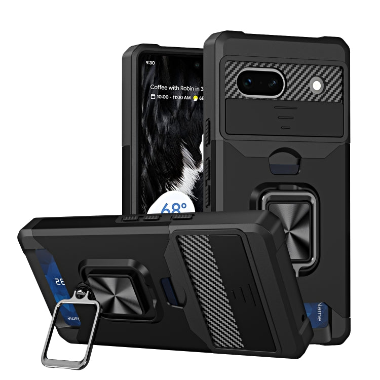 For Google Pixel 7a Camera Shield Card Slot Phone Case with Ring Holder(Black) - free shipping - PMC TechLife - Order now!