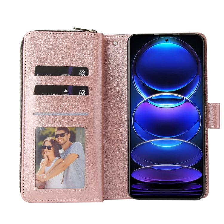 For Xiaomi Redmi Note 12 5G Global / Poco X5 9 Card Slots Zipper Wallet Bag Leather Phone Case(Rose Gold) - free shipping - PMC TechLife - Order now!