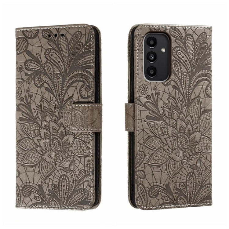 For Samsung Galaxy A14 4G Lace Flower Embossing Flip Leather Phone Case(Grey) - free shipping - PMC TechLife - Order now!