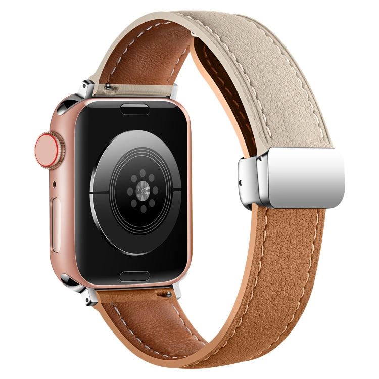 Folding Buckle Genuine Leather Watch Band For Apple Watch Ultra 49mm / Series 8&7 45mm / SE 2&6&SE&5&4 44mm / 3&2&1 42mm(White + Brown) - Smart Wear by PMC TechLife | Online Shopping South Africa | PMC TechLife
