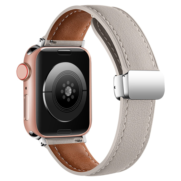 Folding Buckle Genuine Leather Watch Band For Apple Watch Ultra 49mm / Series 8&7 45mm / SE 2&6&SE&5&4 44mm / 3&2&1 42mm(Grey) -  by PMC TechLife | Online Shopping South Africa | PMC TechLife