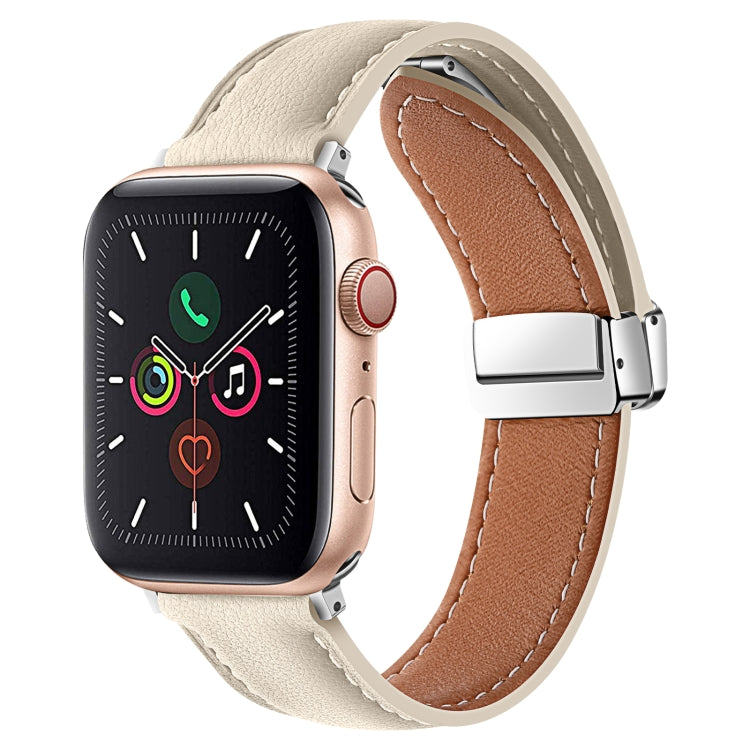 Folding Buckle Genuine Leather Watch Band For Apple Watch Ultra 49mm / Series 8&7 45mm / SE 2&6&SE&5&4 44mm / 3&2&1 42mm(White) -  by PMC TechLife | Online Shopping South Africa | PMC TechLife