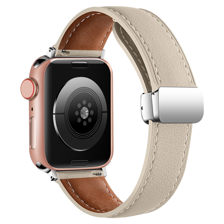 Folding Buckle Genuine Leather Watch Band For Apple Watch Ultra 49mm / Series 8&7 45mm / SE 2&6&SE&5&4 44mm / 3&2&1 42mm(White) -  by PMC TechLife | Online Shopping South Africa | PMC TechLife