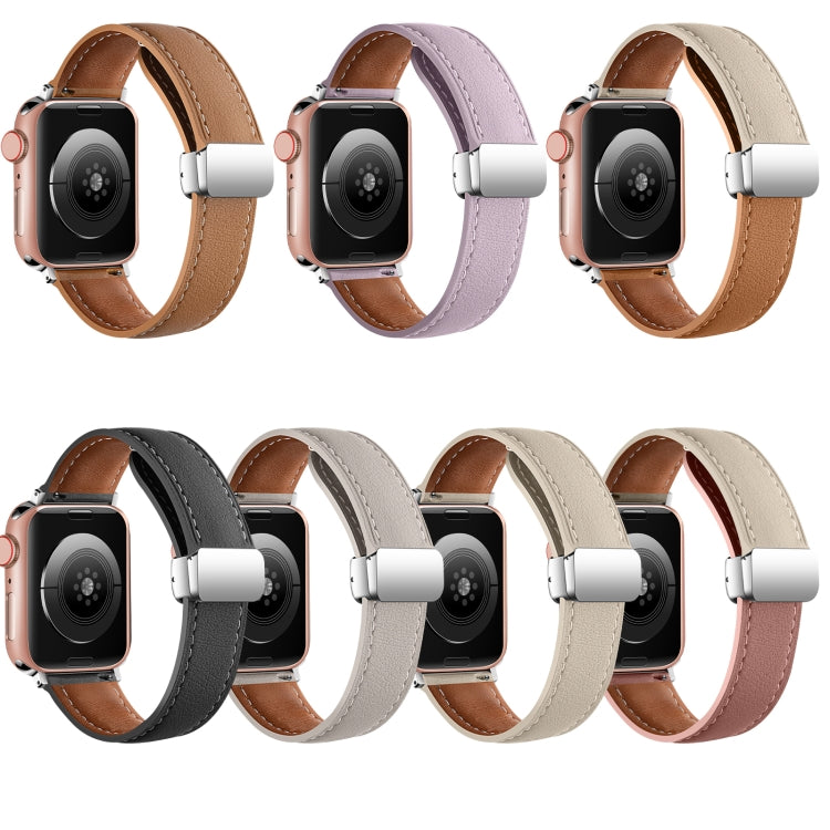 Folding Buckle Genuine Leather Watch Band For Apple Watch Ultra 49mm / Series 8&7 45mm / SE 2&6&SE&5&4 44mm / 3&2&1 42mm(Brown) -  by PMC TechLife | Online Shopping South Africa | PMC TechLife