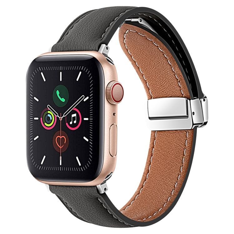 Folding Buckle Genuine Leather Watch Band For Apple Watch Series 8&7 41mm / SE 2&6&SE&5&4 40mm / 3&2&1 38mm(Black) - Smart Wear by PMC TechLife | Online Shopping South Africa | PMC TechLife