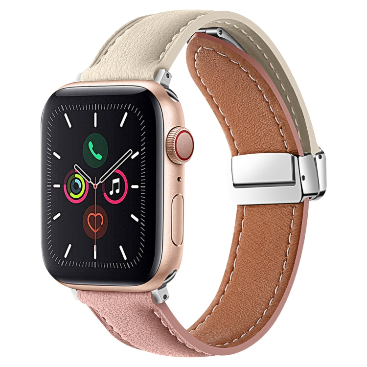 Folding Buckle Genuine Leather Watch Band For Apple Watch Series 8&7 41mm / SE 2&6&SE&5&4 40mm / 3&2&1 38mm(White + Pink) -  by PMC TechLife | Online Shopping South Africa | PMC TechLife