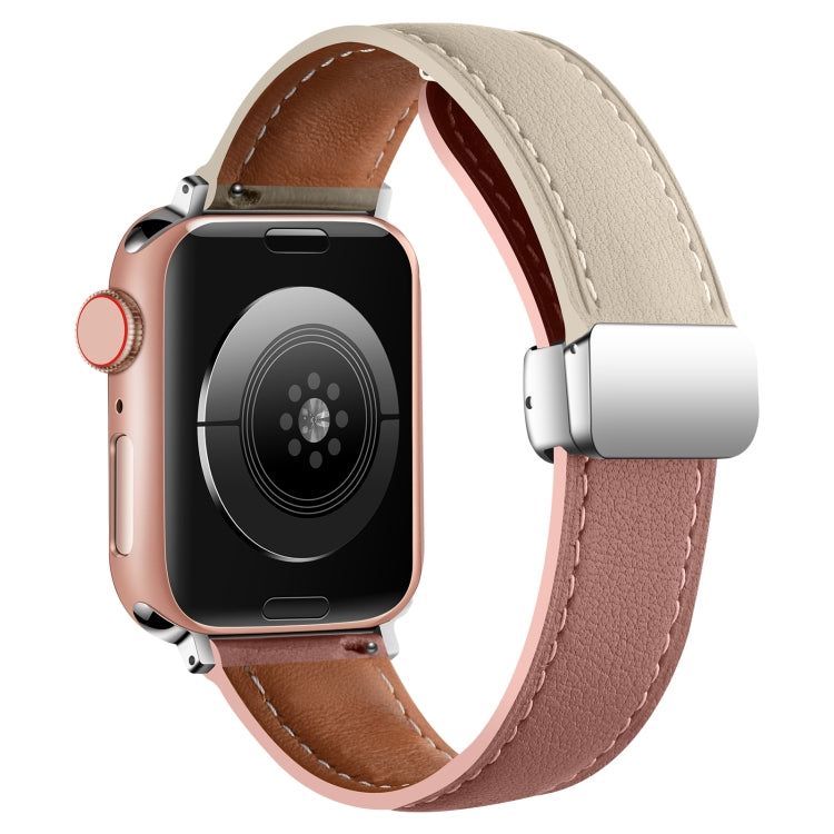 Folding Buckle Genuine Leather Watch Band For Apple Watch Series 8&7 41mm / SE 2&6&SE&5&4 40mm / 3&2&1 38mm(White + Pink) -  by PMC TechLife | Online Shopping South Africa | PMC TechLife