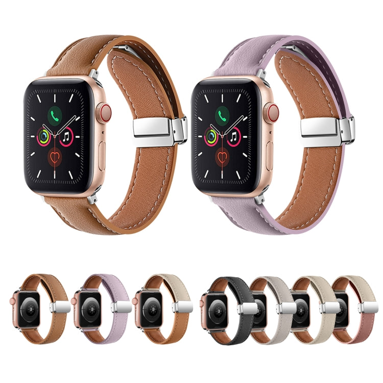 Folding Buckle Genuine Leather Watch Band For Apple Watch Series 8&7 41mm / SE 2&6&SE&5&4 40mm / 3&2&1 38mm(White + Pink) -  by PMC TechLife | Online Shopping South Africa | PMC TechLife