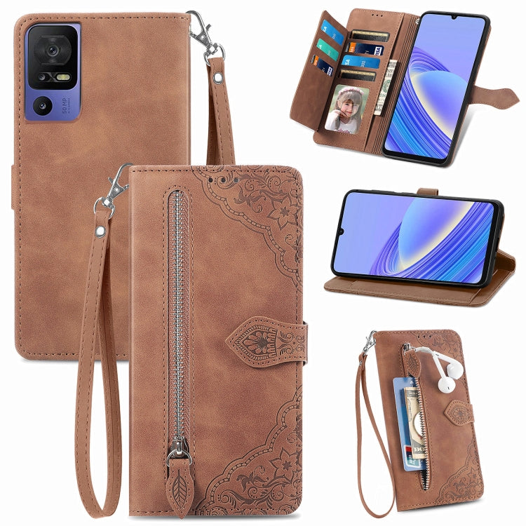 For TCL 40 SE Embossed Flower Zipper Leather Phone Case(Brown) - free shipping - PMC TechLife - Order now!