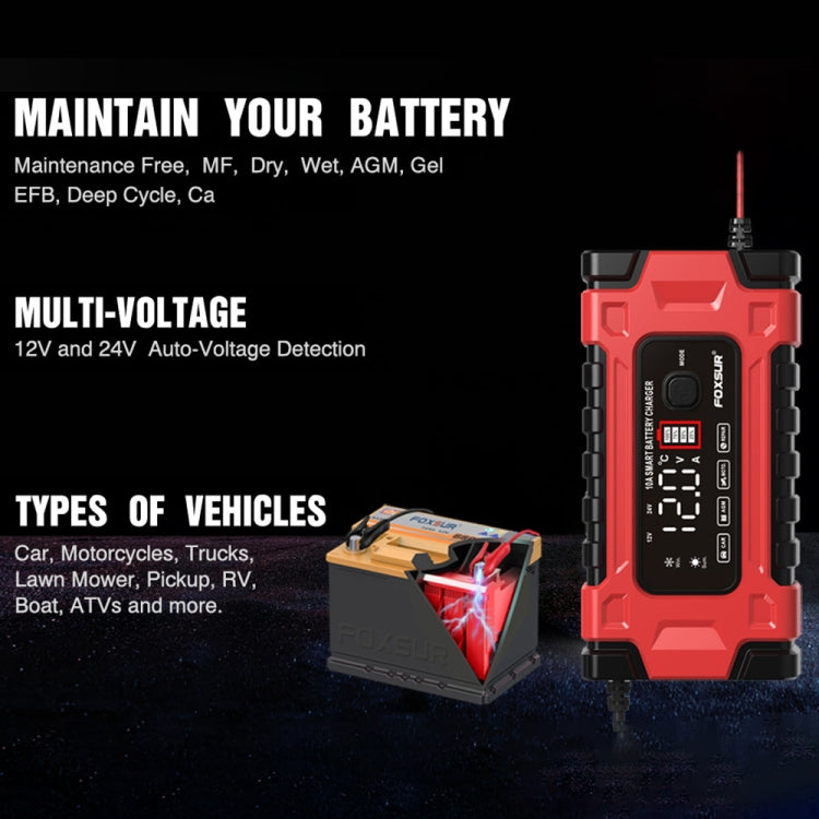 FOXSUR 12V / 24V / 10A Car / Motorcycle Battery Smart Repair Lead-acid Battery Charger, Plug Type:EU Plug - free shipping - PMC TechLife - Order now!