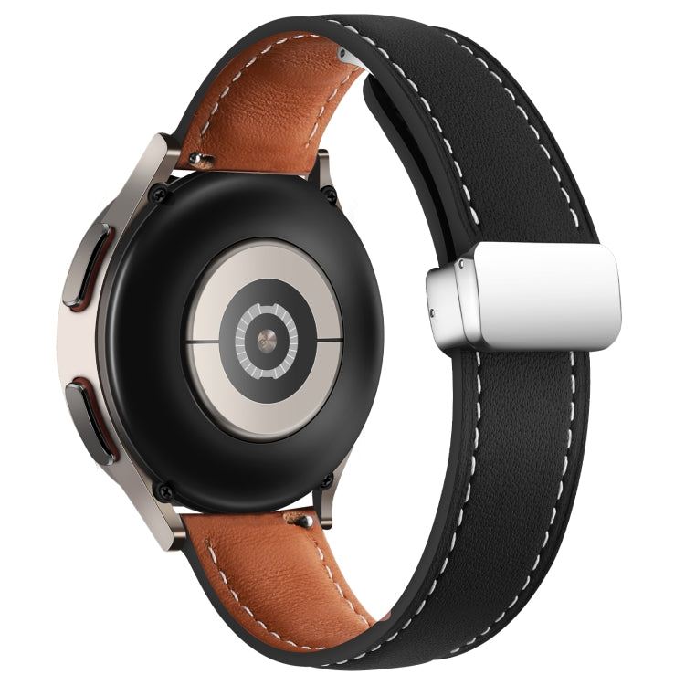 20mm Folding Buckle Plain Weave Genuine Leather Watch Band(Black+Silver) - Smart Wear by PMC TechLife | Online Shopping South Africa | PMC TechLife