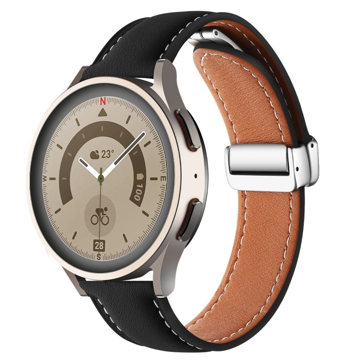 22mm Folding Buckle Plain Weave Genuine Leather Watch Band(Black+Silver) - Smart Wear by PMC TechLife | Online Shopping South Africa | PMC TechLife