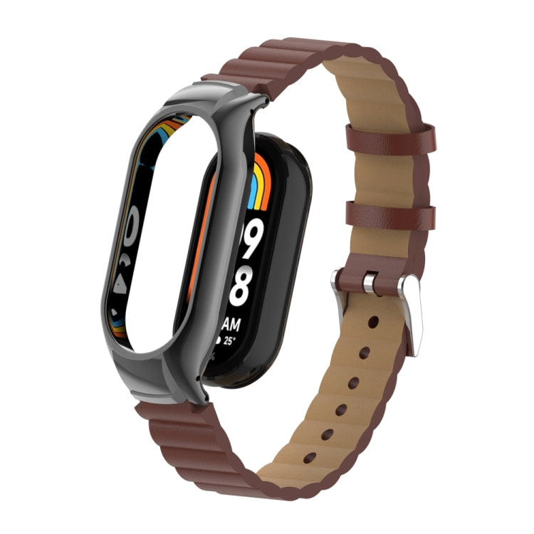 For Xiaomi Mi Band 8 Integrated Metal Case + Bamboo Leather Watch Band(Red Brown) - Smart Wear by PMC TechLife | Online Shopping South Africa | PMC TechLife