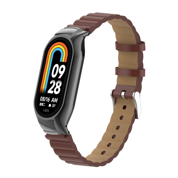For Xiaomi Mi Band 8 Integrated Metal Case + Bamboo Leather Watch Band(Red Brown) - Smart Wear by PMC TechLife | Online Shopping South Africa | PMC TechLife