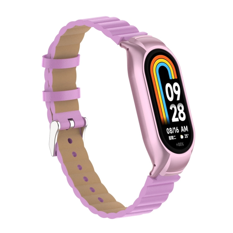 For Xiaomi Mi Band 8 Integrated Metal Case + Bamboo Leather Watch Band(Rose Pink) - Smart Wear by PMC TechLife | Online Shopping South Africa | PMC TechLife