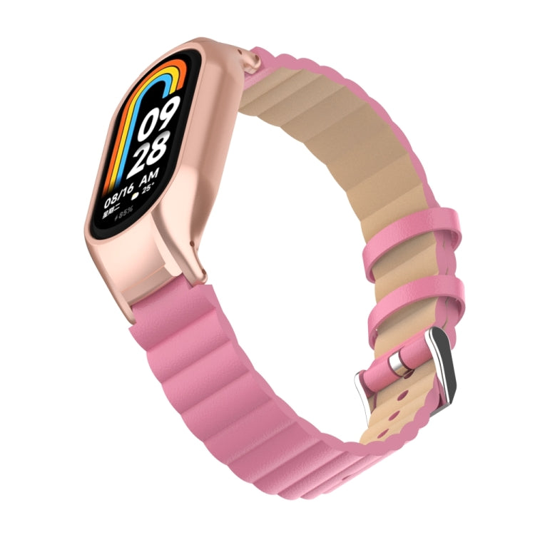 For Xiaomi Mi Band 8 Integrated Metal Case + Bamboo Leather Watch Band(Rose Red) - Smart Wear by PMC TechLife | Online Shopping South Africa | PMC TechLife