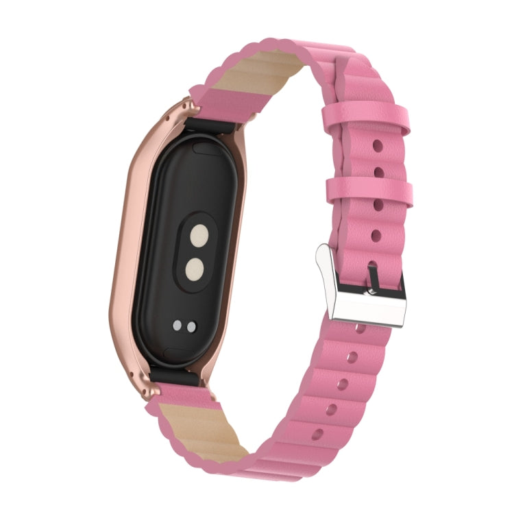 For Xiaomi Mi Band 8 Integrated Metal Case + Bamboo Leather Watch Band(Rose Red) - Smart Wear by PMC TechLife | Online Shopping South Africa | PMC TechLife