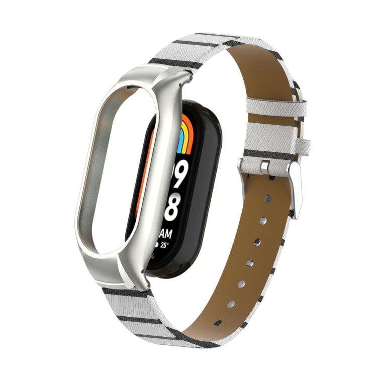 For Xiaomi Mi Band 8 Integrated Metal Case + Secondary Color Leather Watch Band(White) - Smart Wear by PMC TechLife | Online Shopping South Africa | PMC TechLife