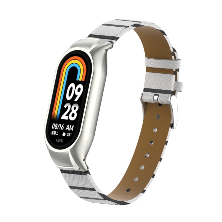 For Xiaomi Mi Band 8 Integrated Metal Case + Secondary Color Leather Watch Band(White) - Smart Wear by PMC TechLife | Online Shopping South Africa | PMC TechLife