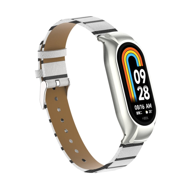 For Xiaomi Mi Band 8 Integrated Metal Case + Secondary Color Leather Watch Band(White) - Smart Wear by PMC TechLife | Online Shopping South Africa | PMC TechLife