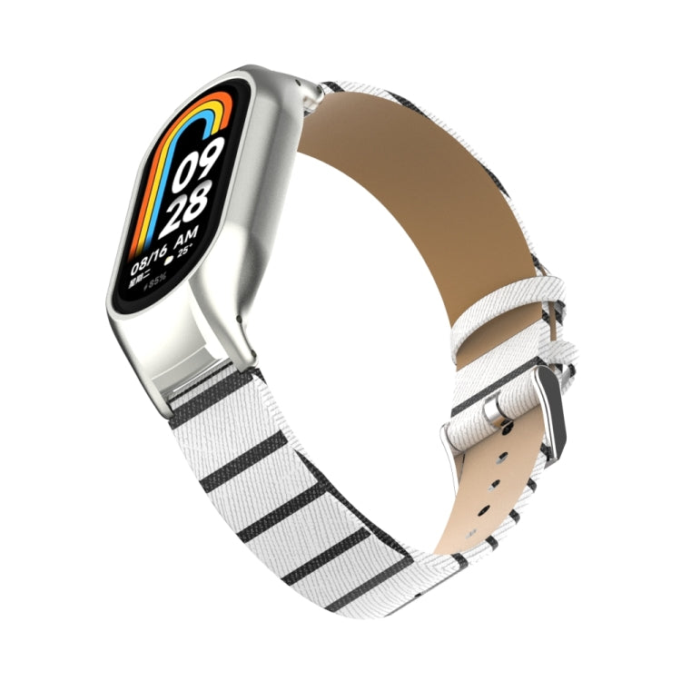 For Xiaomi Mi Band 8 Integrated Metal Case + Secondary Color Leather Watch Band(White) - Smart Wear by PMC TechLife | Online Shopping South Africa | PMC TechLife