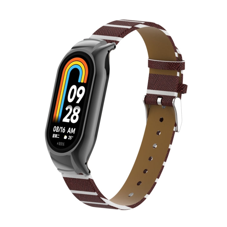 For Xiaomi Mi Band 8 Integrated Metal Case + Secondary Color Leather Watch Band(Coffee) - Smart Wear by PMC TechLife | Online Shopping South Africa | PMC TechLife