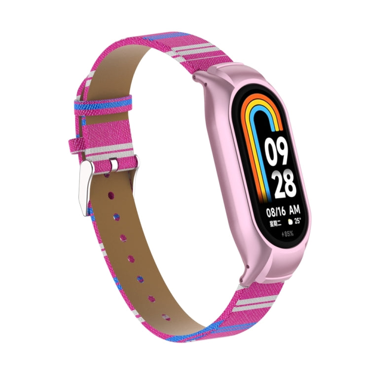 For Xiaomi Mi Band 8 Integrated Metal Case + Secondary Color Leather Watch Band(Pink) - Smart Wear by PMC TechLife | Online Shopping South Africa | PMC TechLife