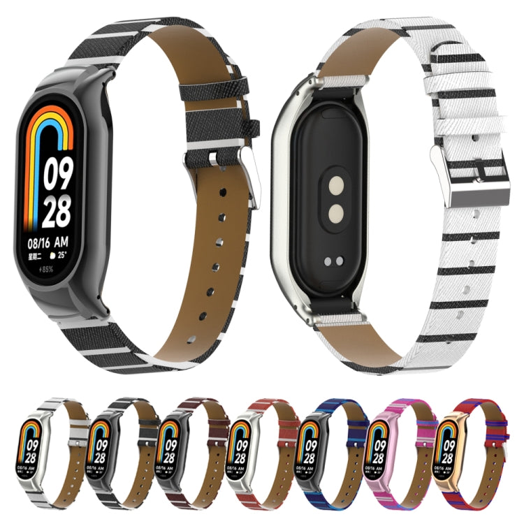 For Xiaomi Mi Band 8 Integrated Metal Case + Secondary Color Leather Watch Band(Blue) - Smart Wear by PMC TechLife | Online Shopping South Africa | PMC TechLife