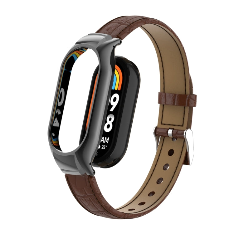 For Xiaomi Mi Band 8 Integrated Metal Case + Cocodile Texture Leather Watch Band(Brown) - Smart Wear by PMC TechLife | Online Shopping South Africa | PMC TechLife