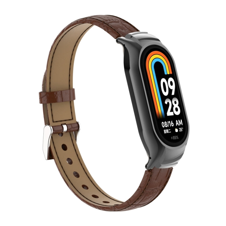 For Xiaomi Mi Band 8 Integrated Metal Case + Cocodile Texture Leather Watch Band(Brown) - Smart Wear by PMC TechLife | Online Shopping South Africa | PMC TechLife