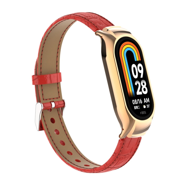 For Xiaomi Mi Band 8 Integrated Metal Case + Cocodile Texture Leather Watch Band(Red) - Smart Wear by PMC TechLife | Online Shopping South Africa | PMC TechLife